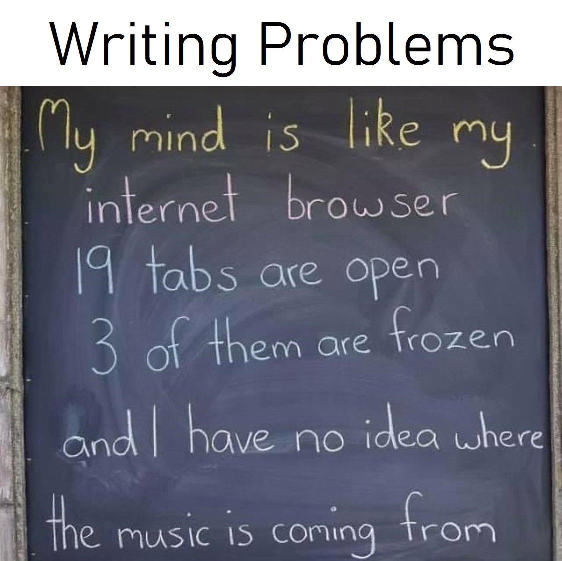 Writing Problems over a picture of a chalkboard that reads: My Mind is like my internet browser: 19 tabs are open, 3 are frozen, and I have no idea where the music is coming from